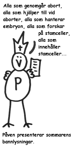 Alla som genomgr abort, alla som hjlper till vid aborter, alla som hanterar embryon, alla som forskar p stamceller, alla som innehller stamceller... - Pven presenterar sommarens bannlysningar.